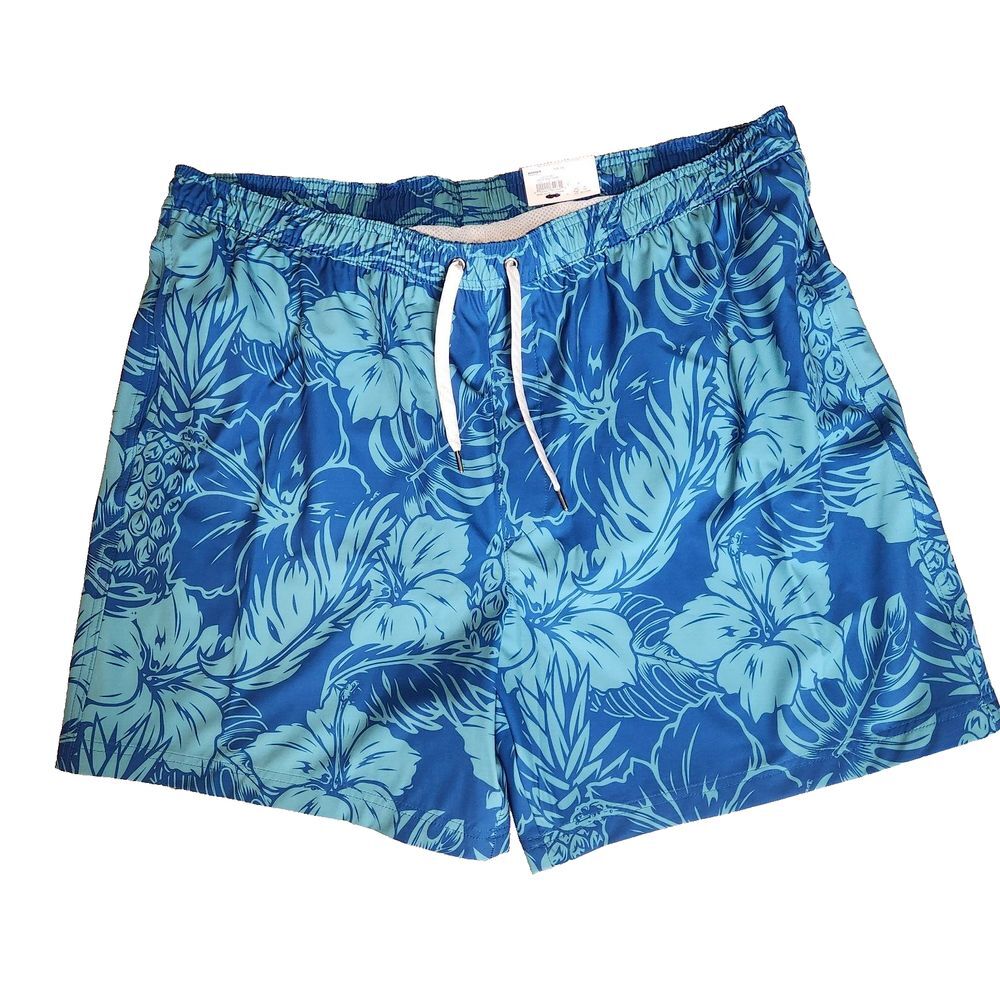 Swim Trunks Blue Tropical Hawaiian Print Elastic Plus Drawstring Size XXL NEW